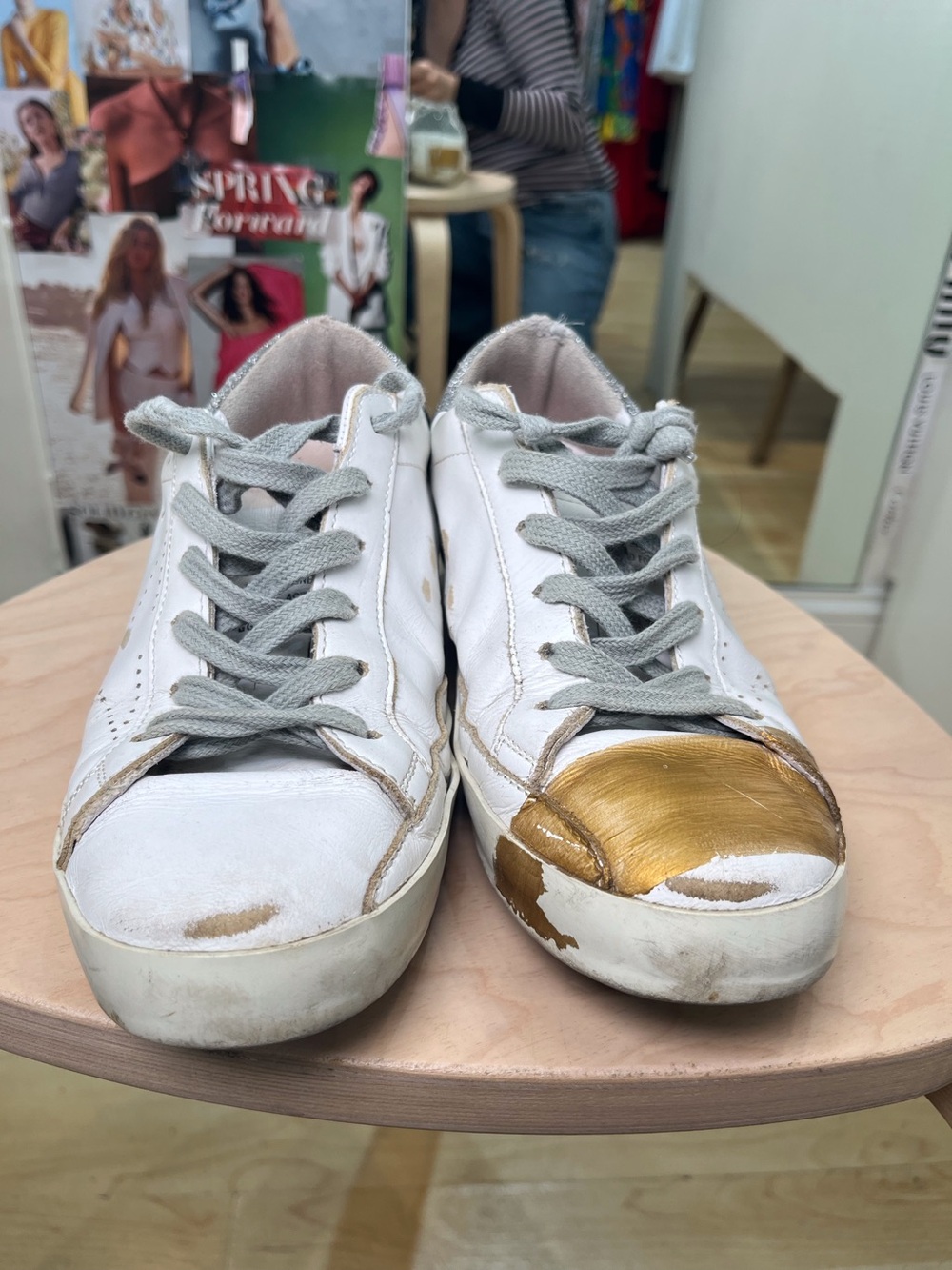 Golden Goose White Leather Sneakers with Floral Side Art and Gold Toe - Picture 3 of 5